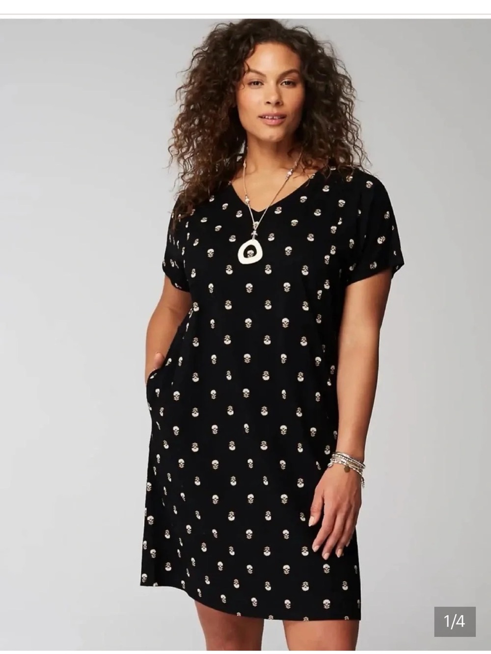 Pure Jill Soft-V-Neck T-Shirt Dress floral organic cotton black size Medium